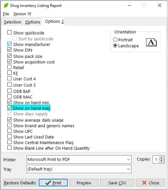 Kroll Options 2 tab — first export settings